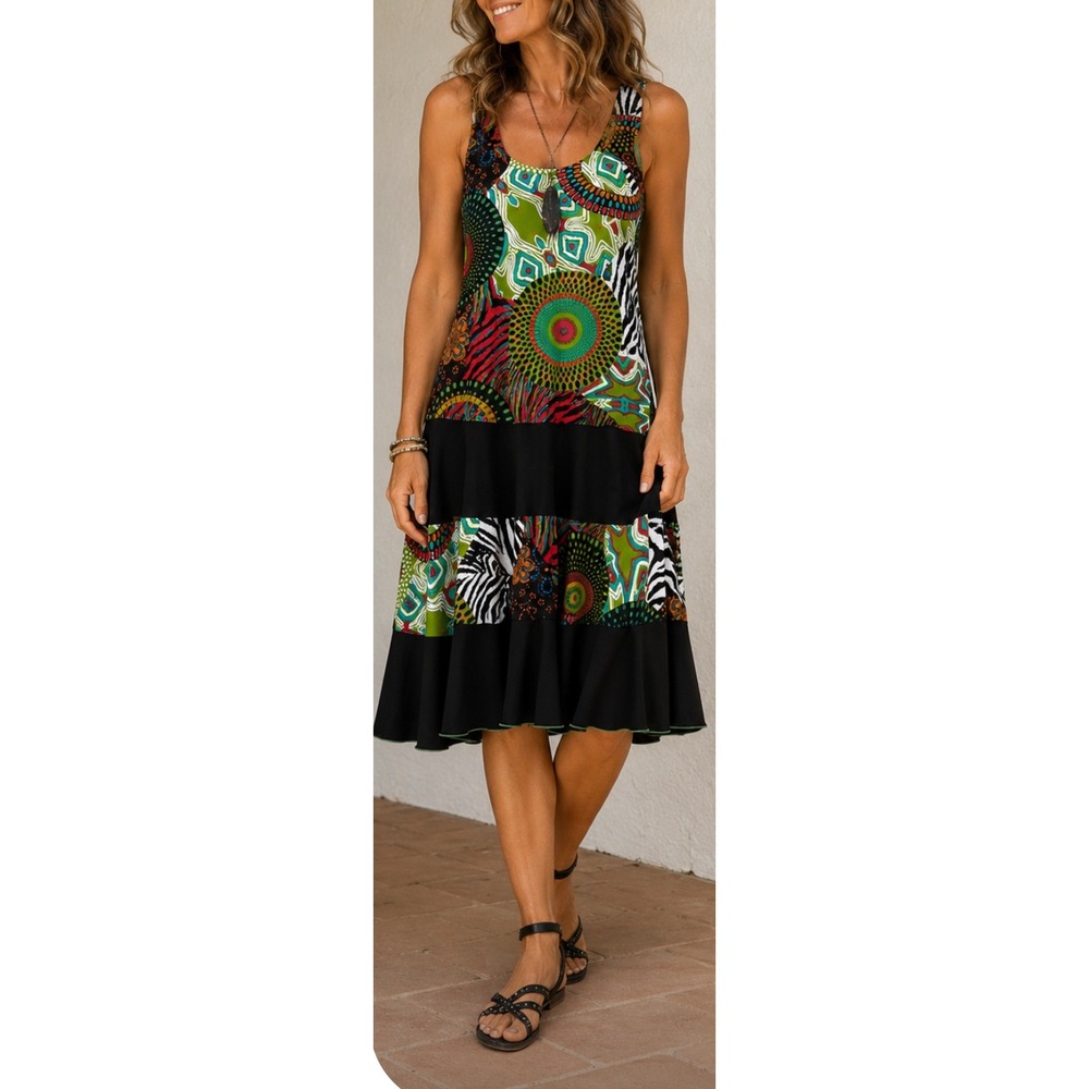 Joseph Ribkoff Mixed Print Tiered Midi Dress Sleeveless Colorful Size 8 Canada